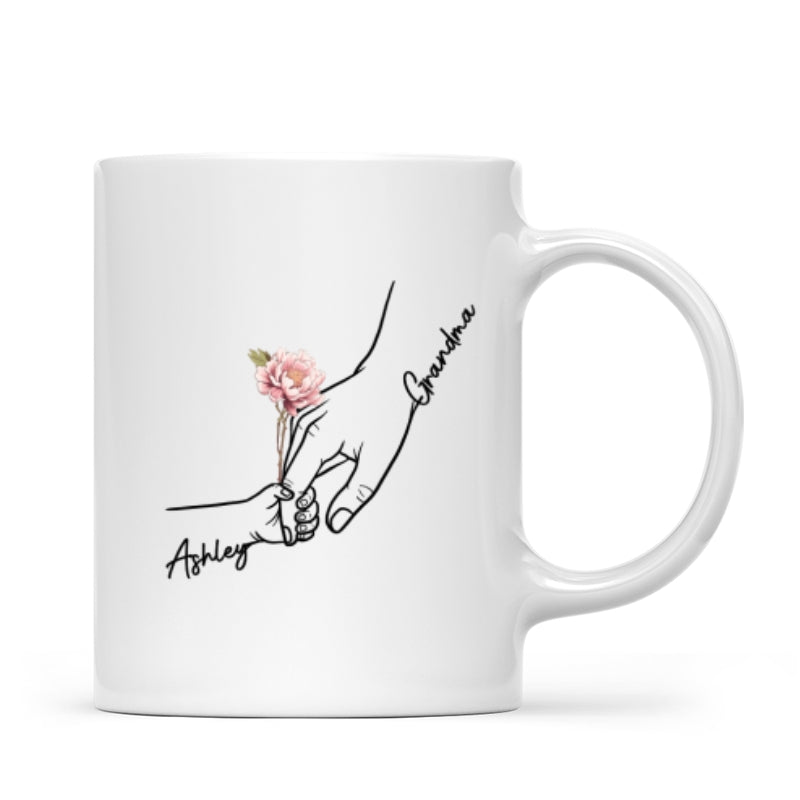 Kids Holding Grandma Mom Hand Birth Month Flowers Personalized Mug