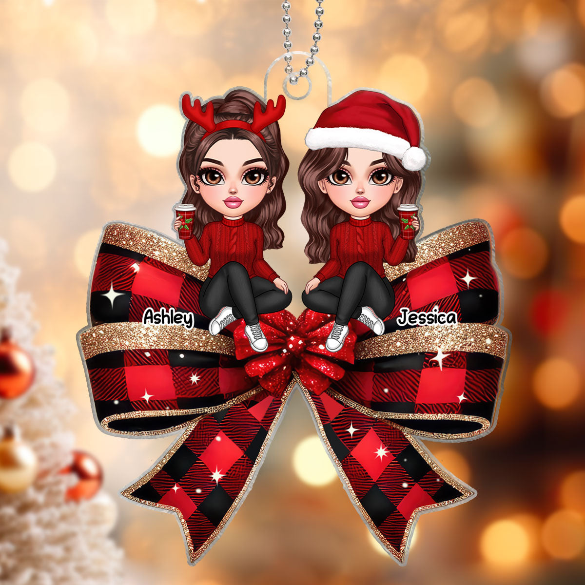 Christmas Checkered Coquette Bow Y2K Besties Personalized Acrylic Ornament, Christmas Gift For Best Friends