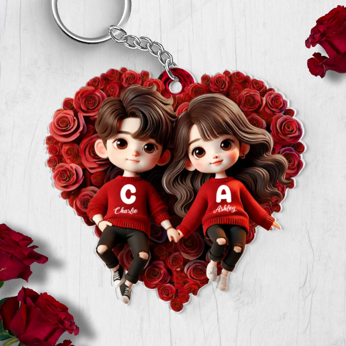 Cute Couple Lying On Rose Heart Personalized Acrylic Keychain, Gift For Him, Gift For Her, Gift For Valentine's Day