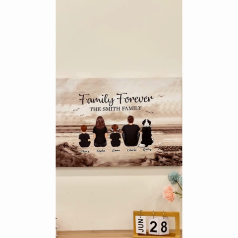 Retro Vintage Family Sitting Beach Landscape Personalized Canvas, Gift For Husband, Wife, Dad, Mom