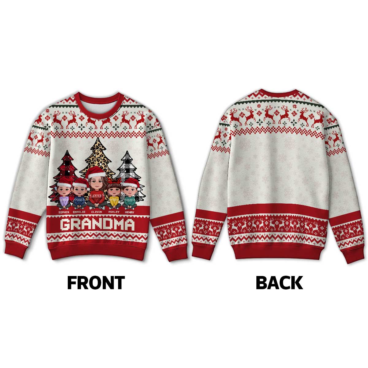 Leopard Checkered Pattern Grandma Grandkids Christmas Personalized Faux Knitting Ugly Sweater