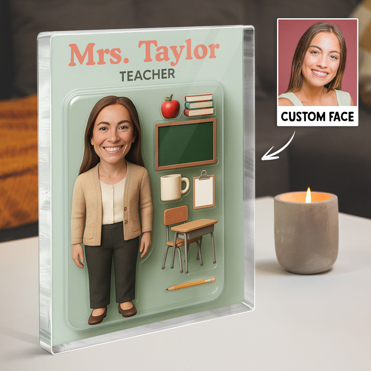 3D Effect Teacher Cartoon Style Custom Figure Personalized Flat Rectangle Acrylic Block, Gift For Teacher