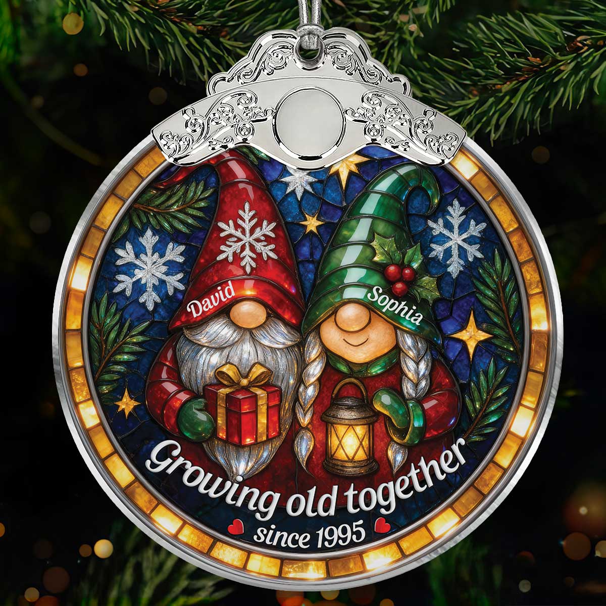 Retro Vintage Gnome Couple Growing Old Together Stained Glass Style - Personalized Glass Ornament With Silver Cap