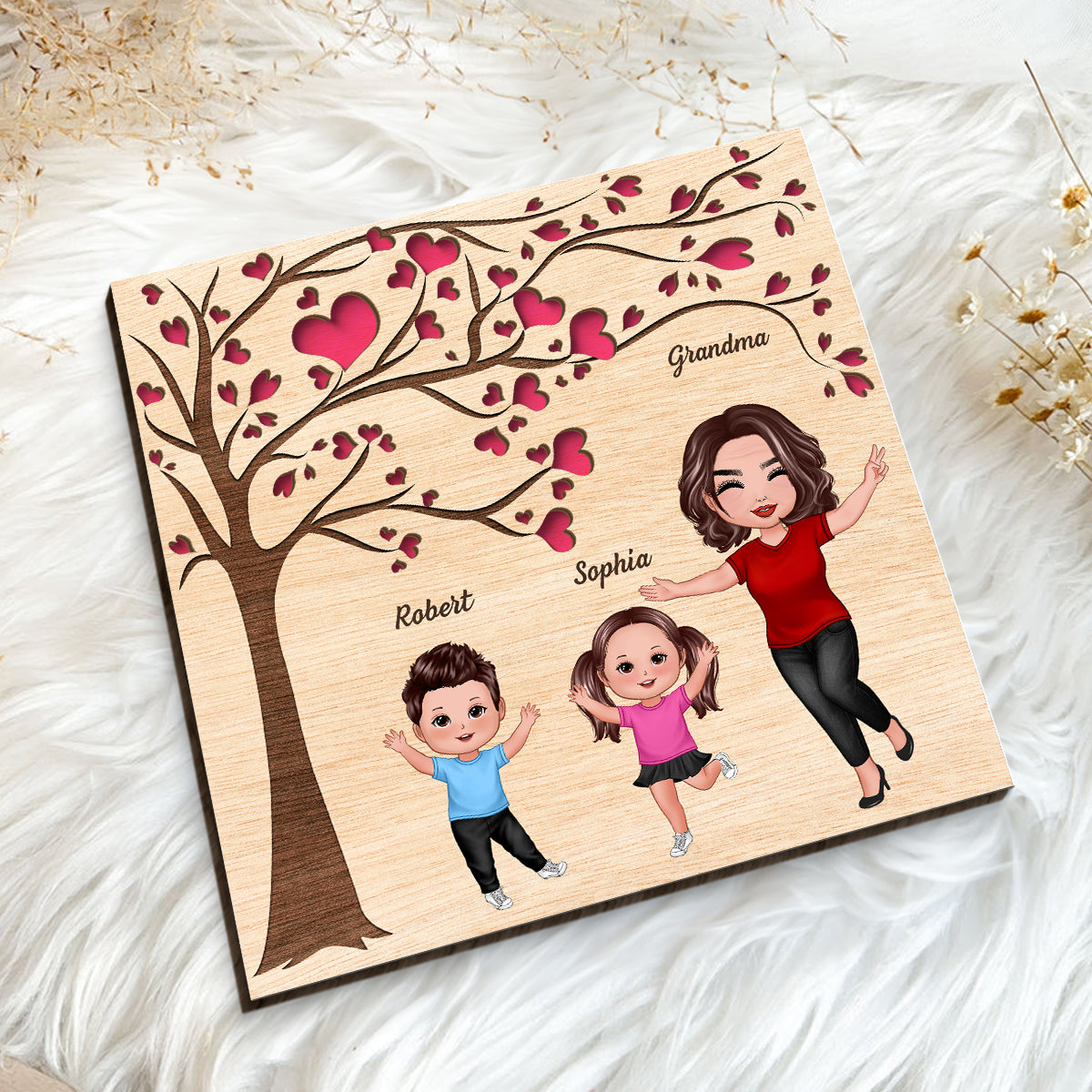 Grandma Grandkids Under Heart Tree Engraved Personalized 2-layer Wooden Plaque
