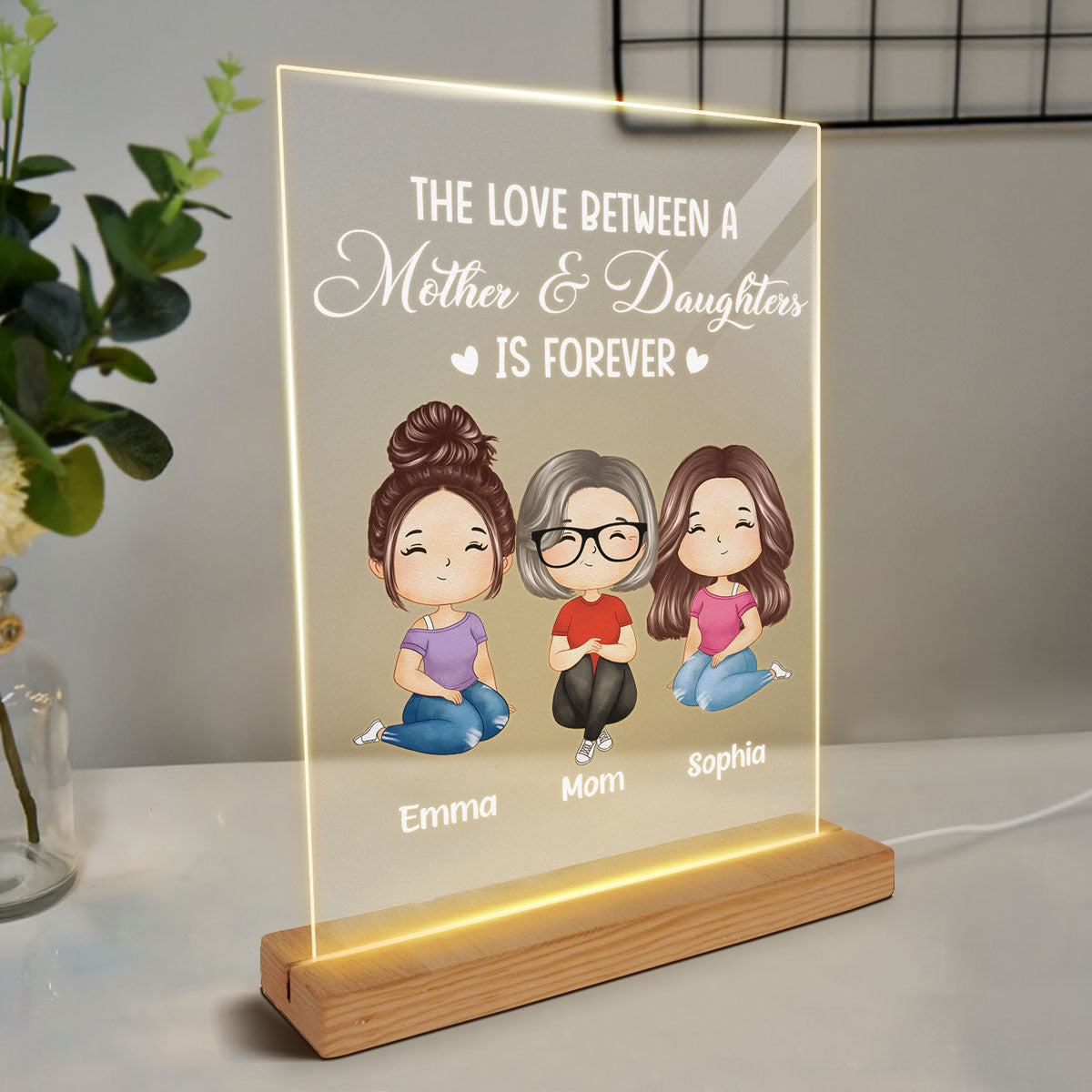 Mother Daughter Love Doll Woman Sitting Watercolor Style Personalized LED Night Light