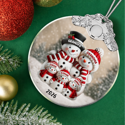 3D Effect Cute Snowman - Personalized Glass Ornament With Silver Cap - Christmas Decor For Family, Grandma, Grandpa