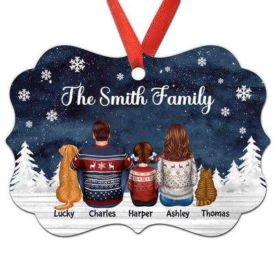 Christmas Family Dad Mom Kids Dogs Cats Snow Background Personalized Christmas Ornament