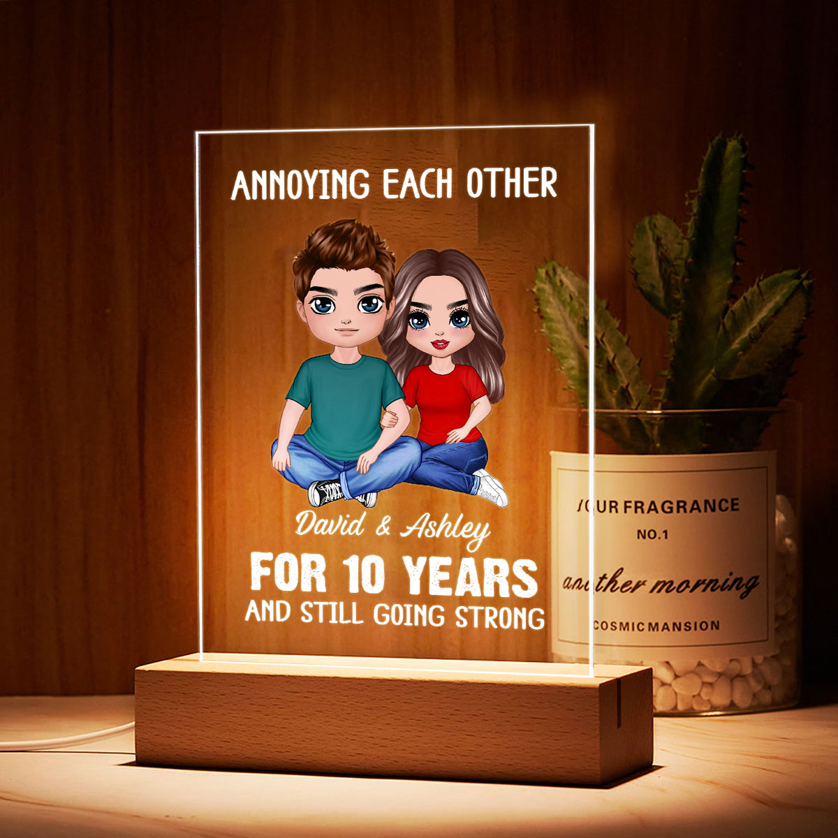 Annoying Each Other Embracing Doll Couple Sitting Personalized Rectangle Acrylic Plaque LED Lamp Night Light