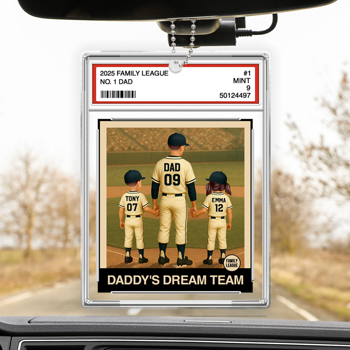 Baseball No. 1 Dad Man & Kids Trading Card Style Personalized Acrylic Car Ornament