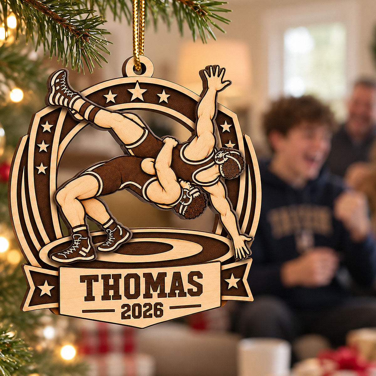 Wrestling Champion Custom Name - Personalized 2-Layered Wooden Ornament - Gift For Son, Wrestling Keepsake, Wrestling Lovers Gift