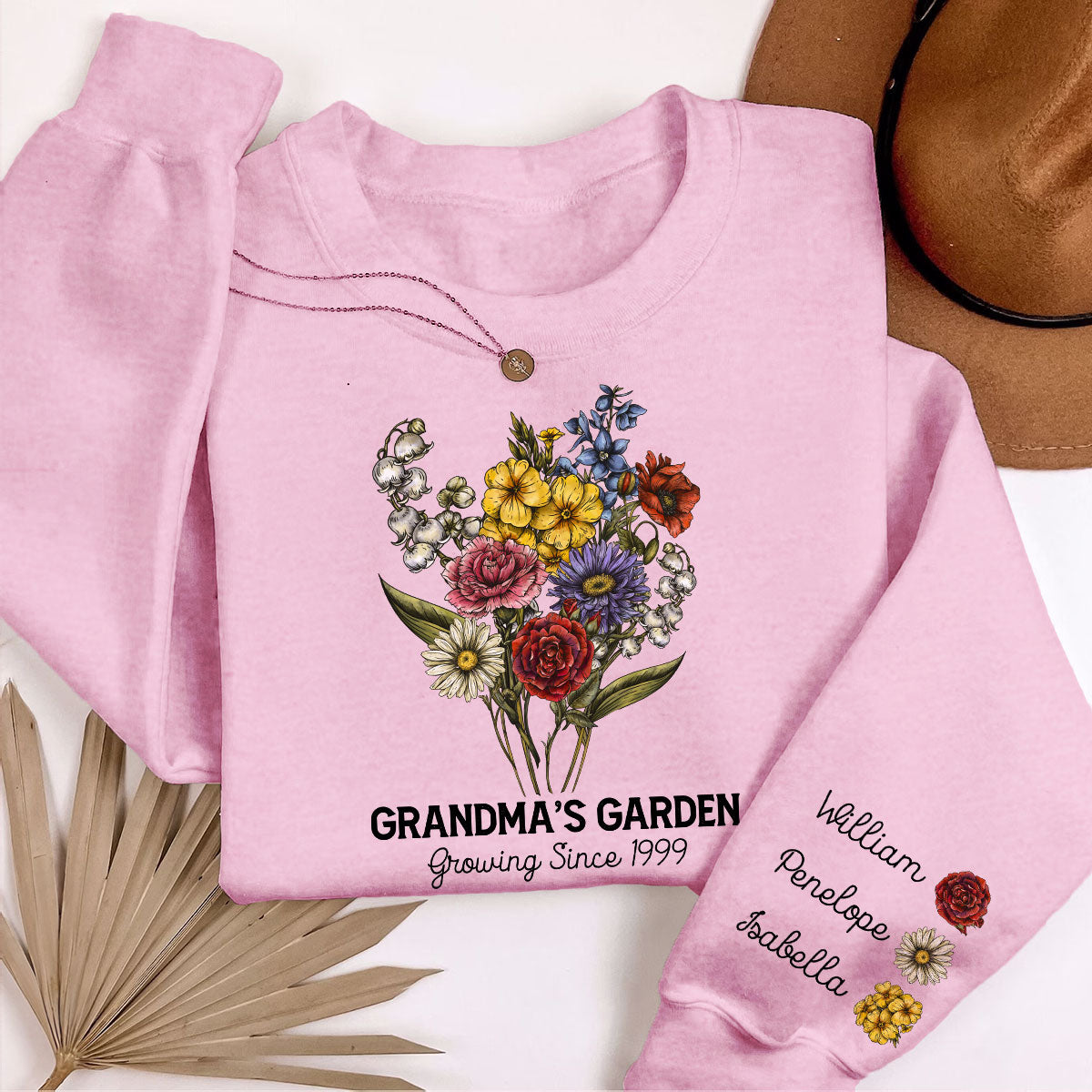 Grandma‘s Garden Beautiful Vintage Birth Month Flowers Bouquet Personalized Sleeve Printed Sweatshirt