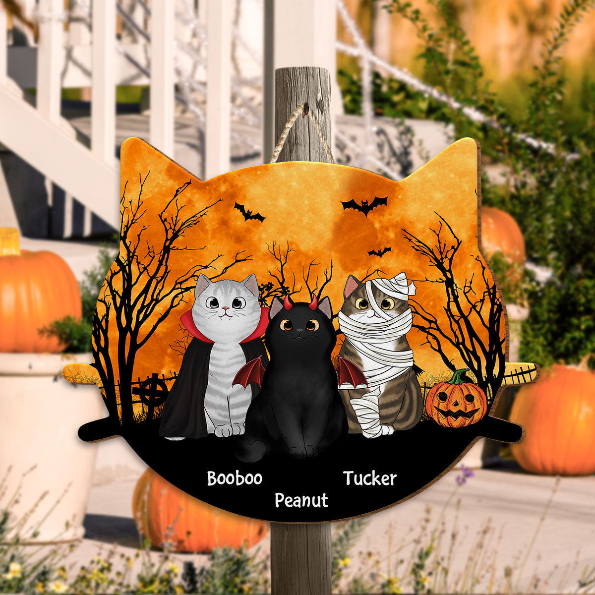 Halloween Cat Face Shaped Personalized Wooden Door Sign, Halloween Decor For Cat Moms