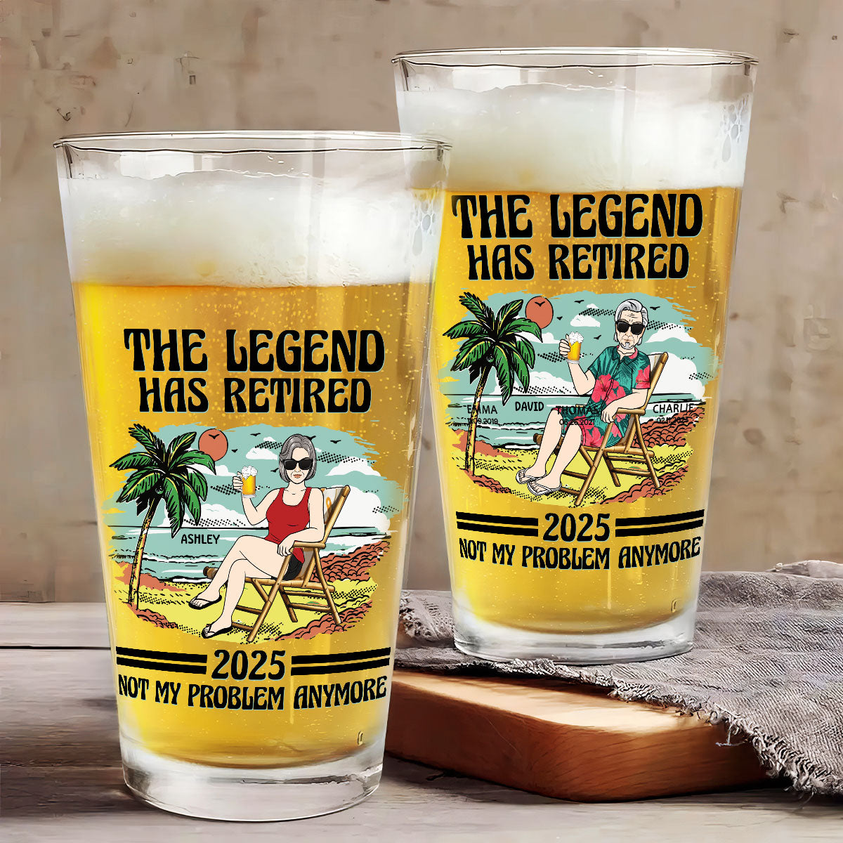 The Legend Has Retired Vintage Beach Personalized Beer Glass, Retirement Gift For Beach Lovers, Dad, Mom, Grandpa, Grandma