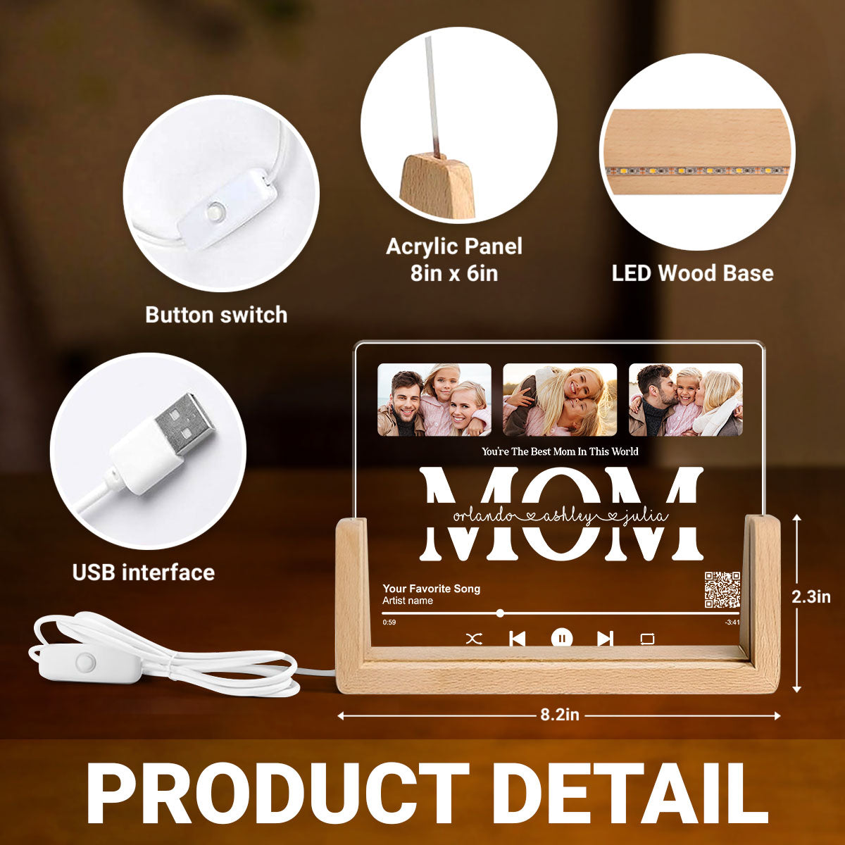 Customize with a Song That Speaks Your Heart, Personalized Photo LED Night Light, Gift for Mom, Scannable QR Code