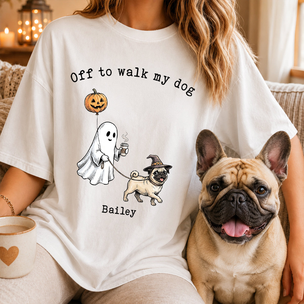 Off to Walk My Dog - Personalized Shirt - Halloween Spooky Ghost Trendy Tee for Dog Moms, Dog Dads