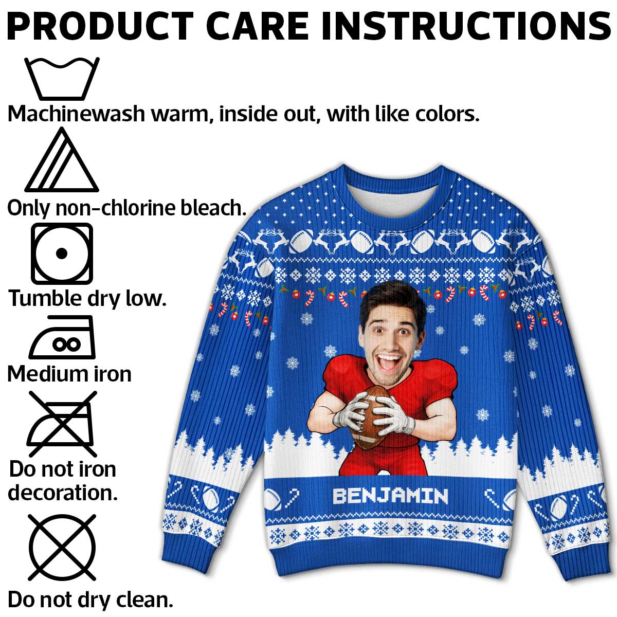 American Football Player Custom Face Photo Personalized Faux Knitting Christmas Ugly Sweater