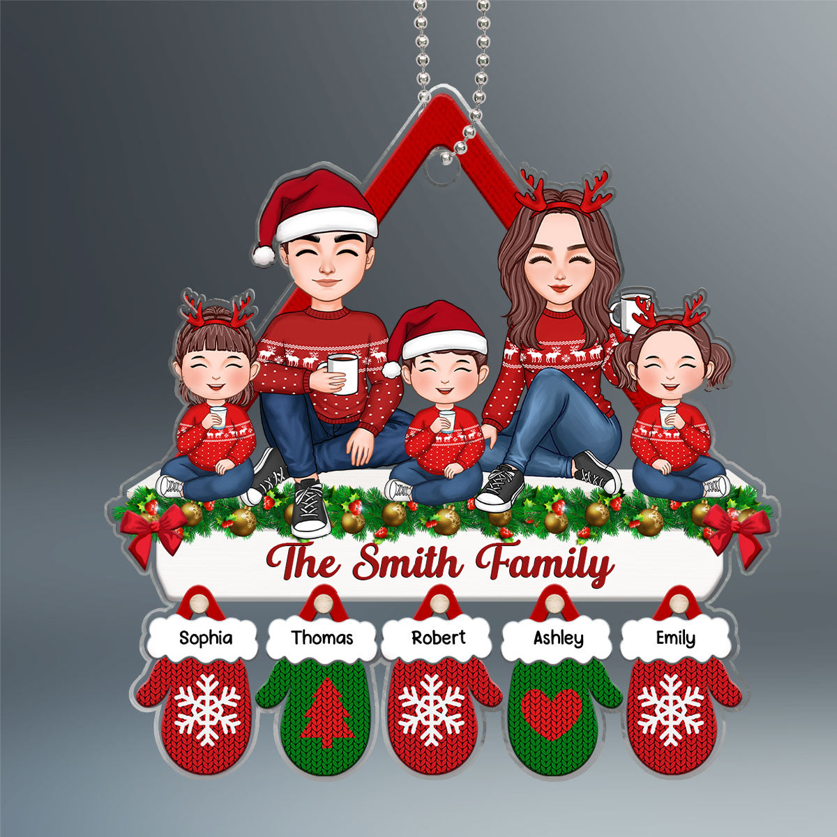 Cute Family Dad Mom Kids Dogs Cats Sitting On Fireplace Mantel Gloves Christmas Gift Personalized Acrylic Ornament