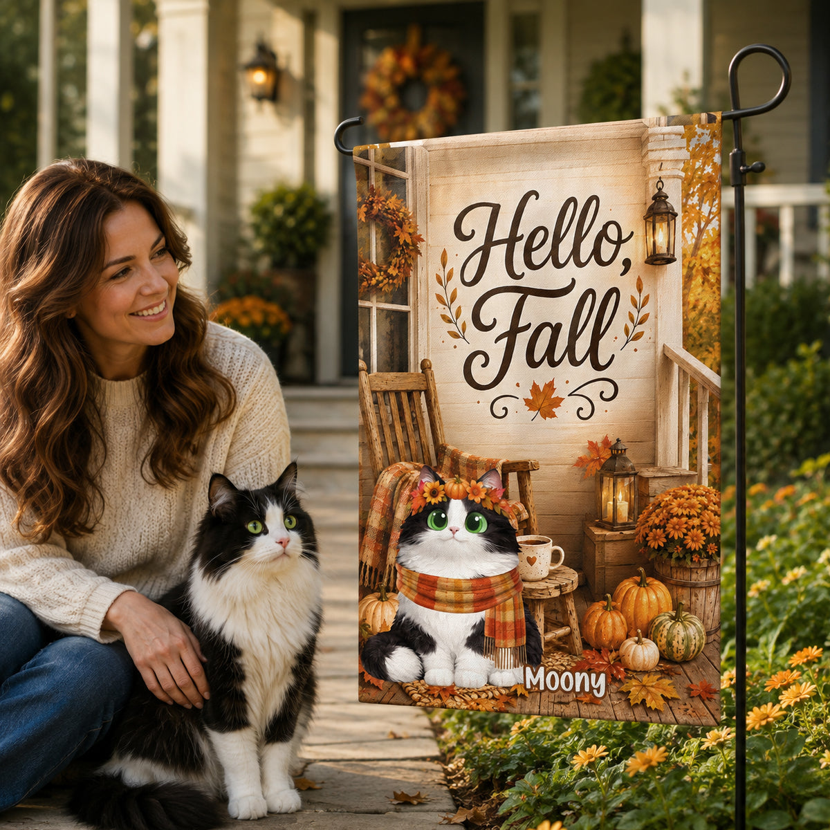 Hello Fall Cats Front Porch - Personalized Garden Flag - Fall Season Decor Gift, Gift For Cat Lovers