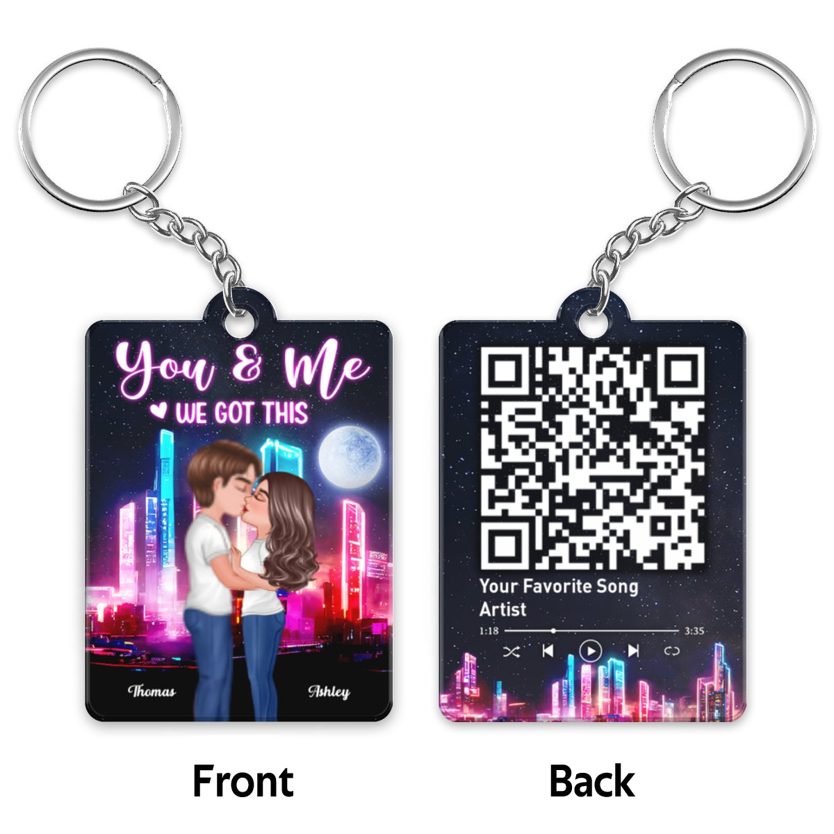 Doll Couple Kissing Neon Night City Favorite Song QR Code Personalized Acrylic Keychain