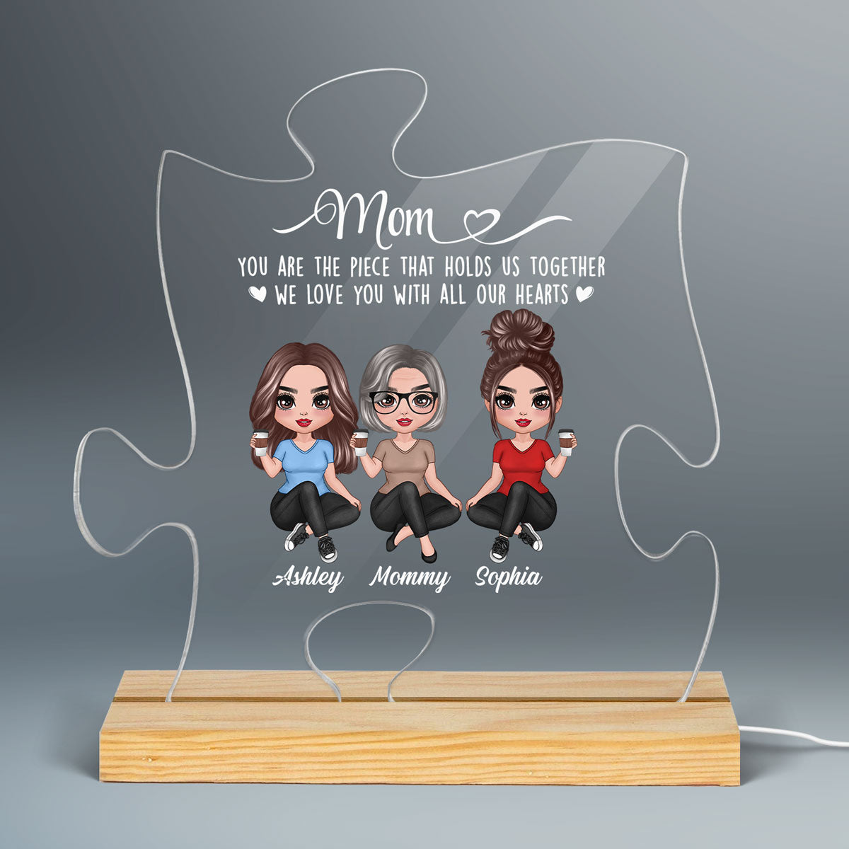 Mom The Piece Holds Us Together Doll Mom & Daughter Puzzle Shaped Personalized Custom Shape Acrylic LED Night Light