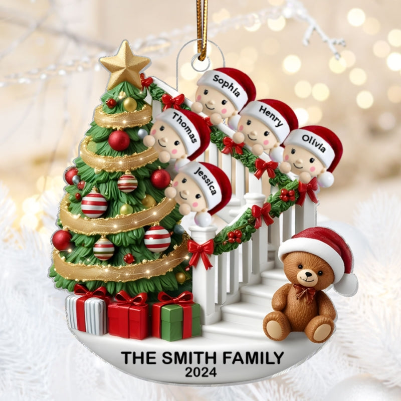 Family Members On Christmas Stairs 3D Effect Personalized Acrylic Flat Ornament