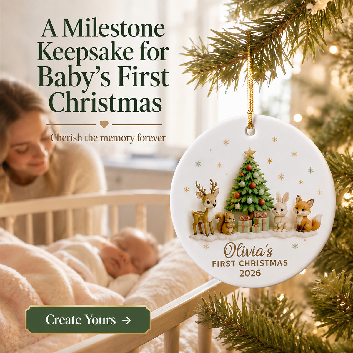 Baby’s First Christmas Tree & Woodland Animals 3D - Personalized Ceramic Ornament - New Baby Christmas Keepsake