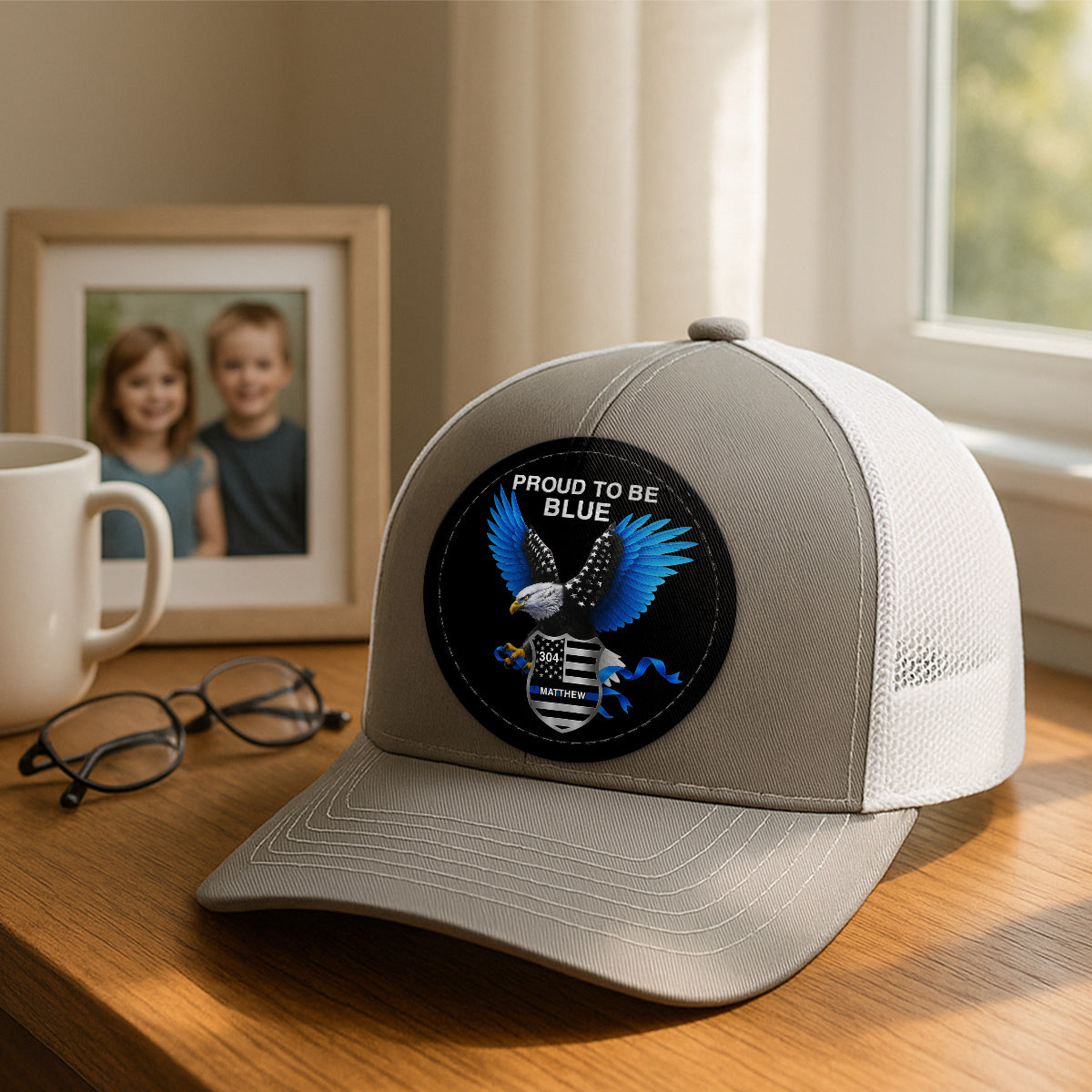 Proud To Be Blue Gift For Police Dad Grandpa Personalized Leather Patch Hat