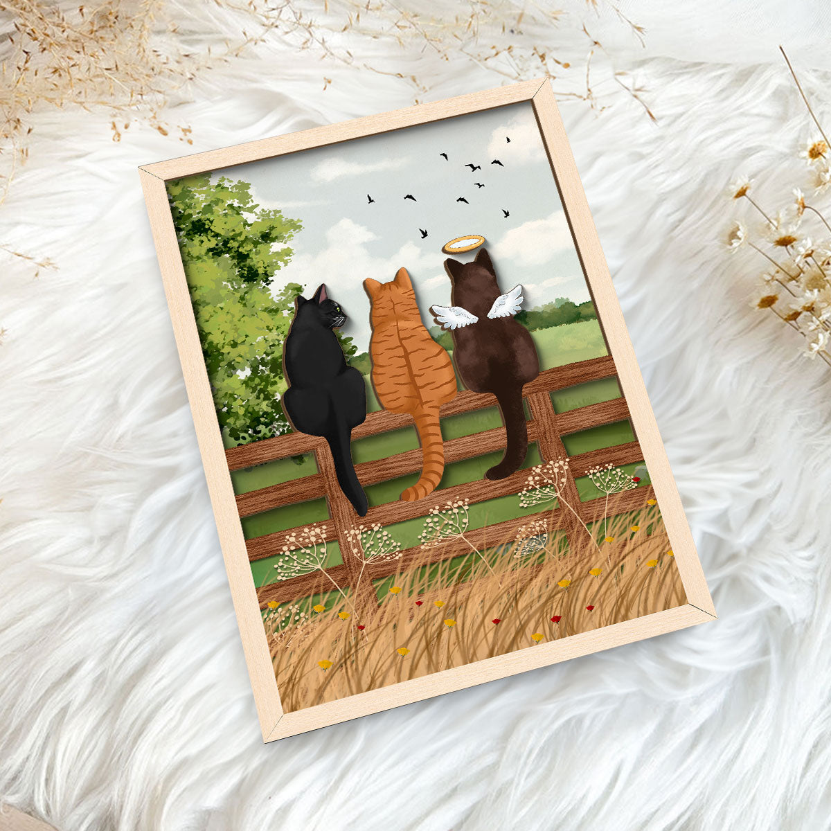 Cat Portrait Prints Cats Sitting on Fence in Countryside Personalized 2-Layer Wooden Plaque