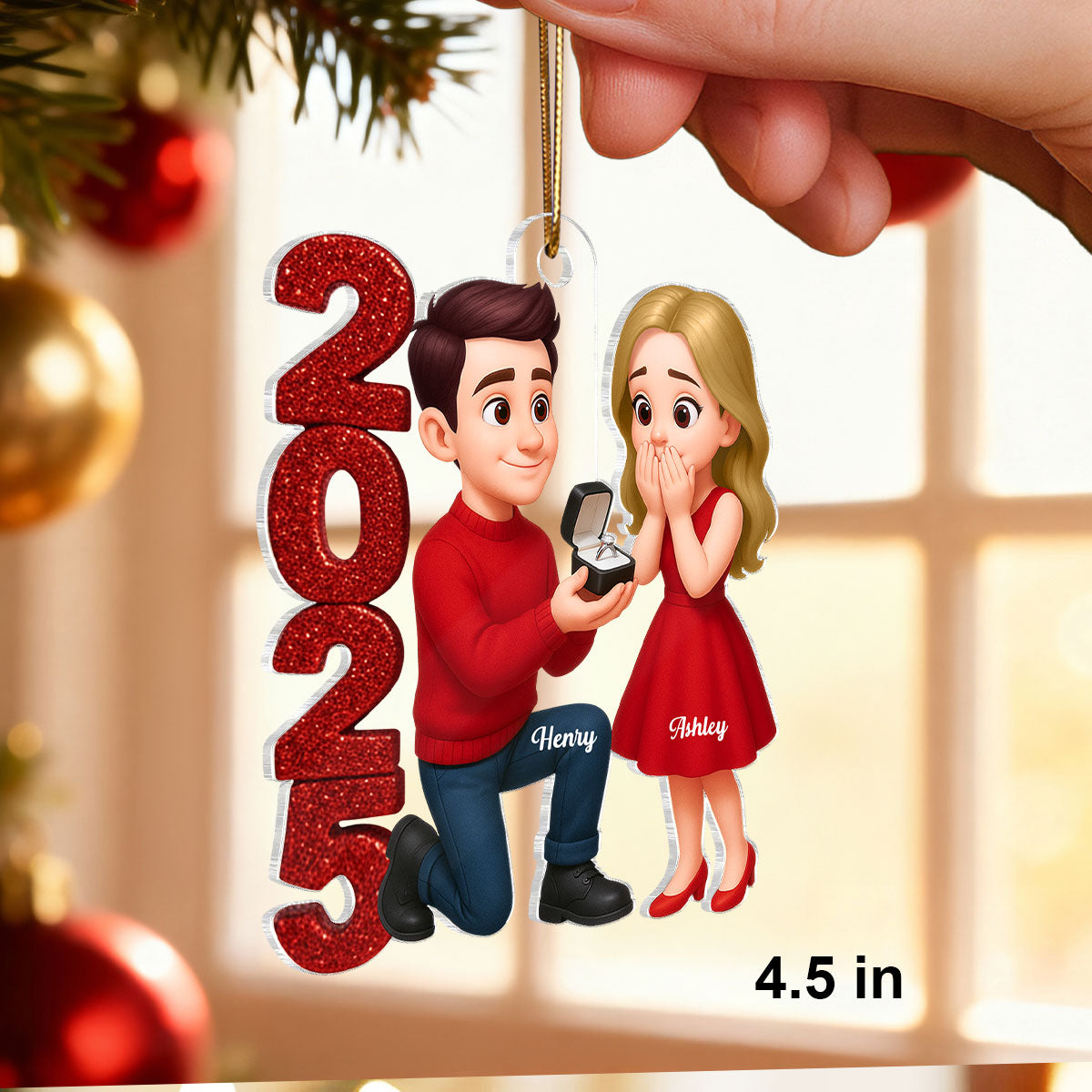 3D Glitter Effect 2025 Marriage Proposal Couple - Personalized Acrylic Ornament - Newly Engaged Gift, "She Said Yes!" Ornament