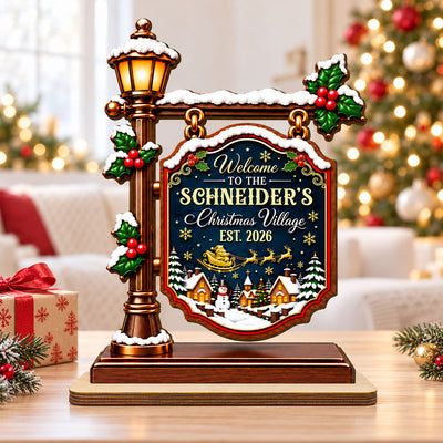 Vintage Street Lamp Holiday Decor - Personalized 2-Layered Wooden Plaque - Christmas Gift for Family, Parents & Grandparents.