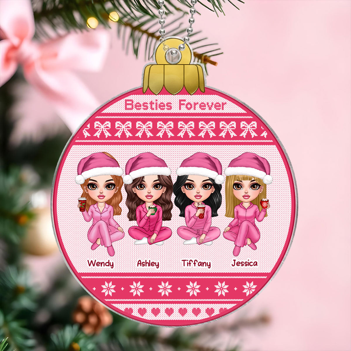 Besties Sisters Ugly Sweater Pattern Personalized Acrylic Ornament, Christmas Gift