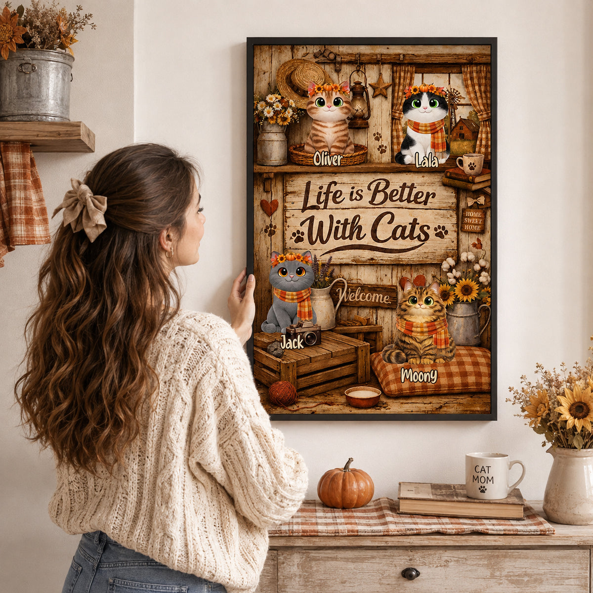 Life is Better with Cats - Personalized Poster - Cozy Fall Decor for Cat Lovers