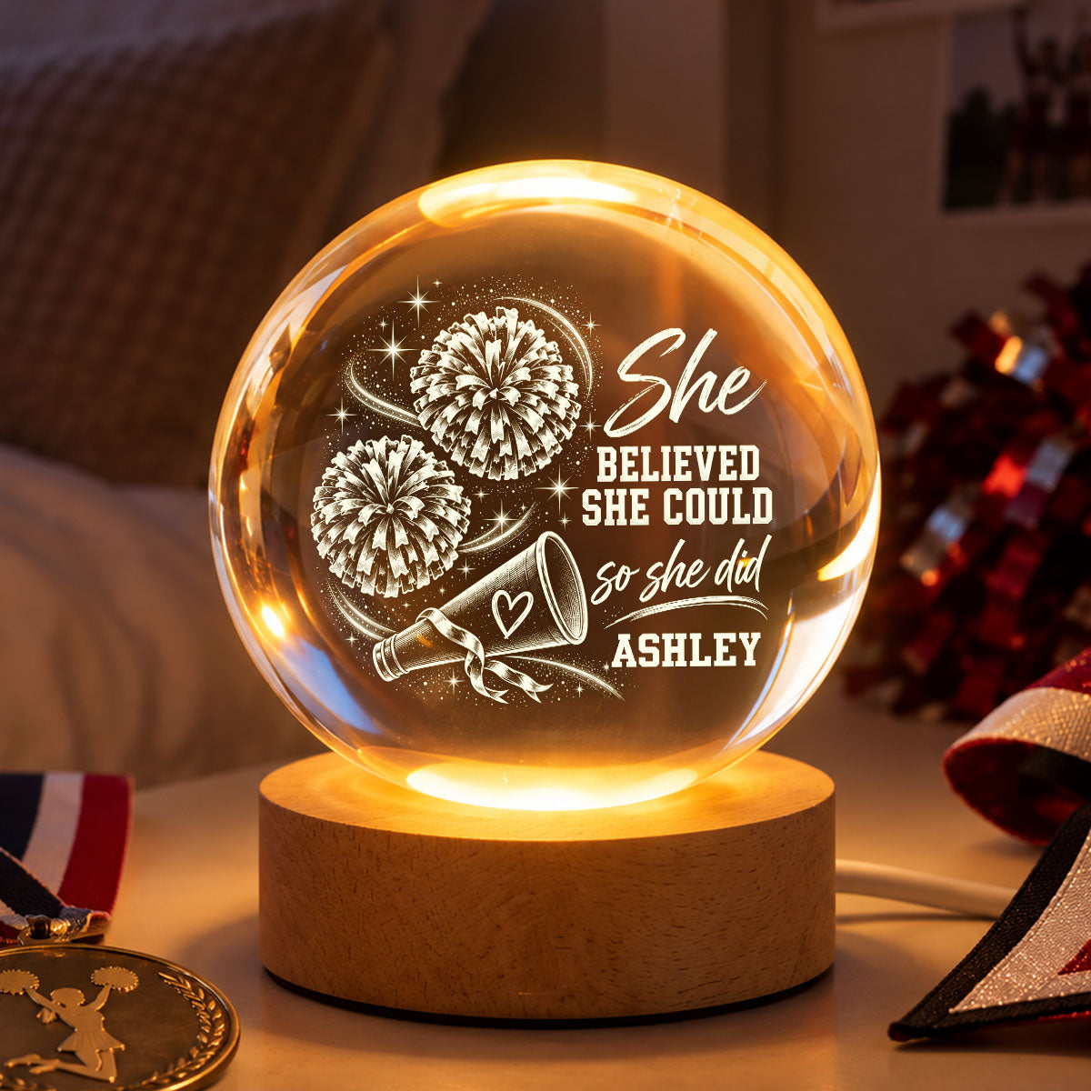 Beautiful Proud Cheerleader Custom Name - Personalized Crystal Ball LED Night Light - Christmas Gift For Cheerleaders, Daughter, Granddaughter