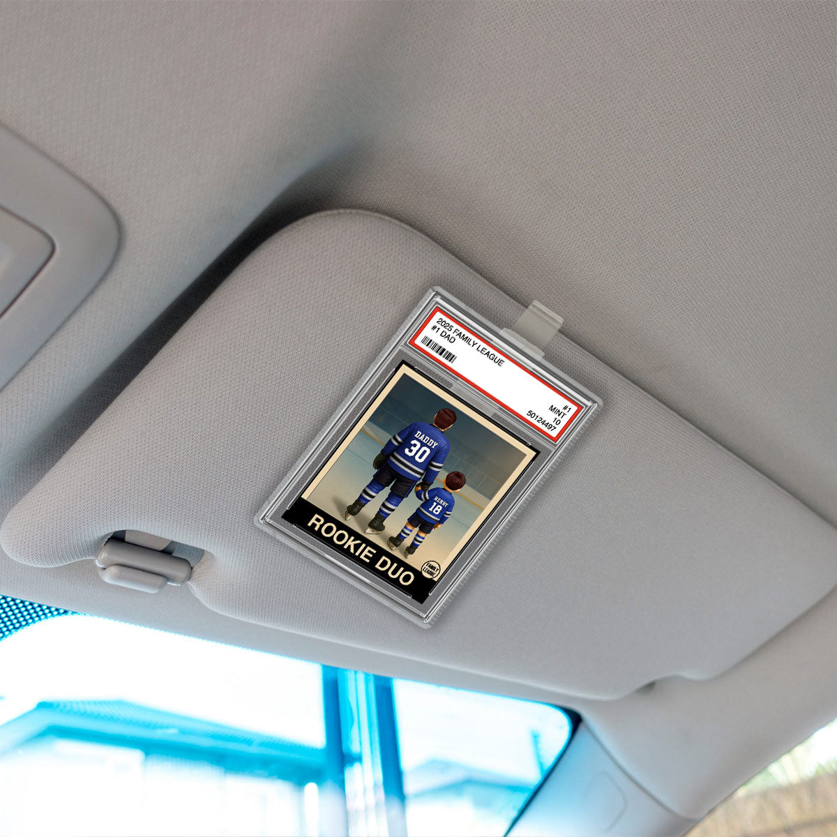 Hockey No. 1 Dad Man & Kids Trading Card Style Personalized Acrylic Car Visor Clip