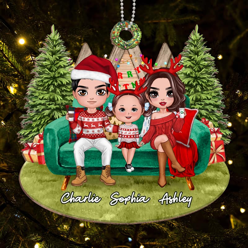 Christmas Family On Sofa Outdoor Personalized Wooden Ornament
