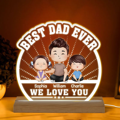 Best Dad Ever Watercolor Dad & Kids Sitting Personalized Custom Shaped Acrylic Plaque With Warm LED Night Light