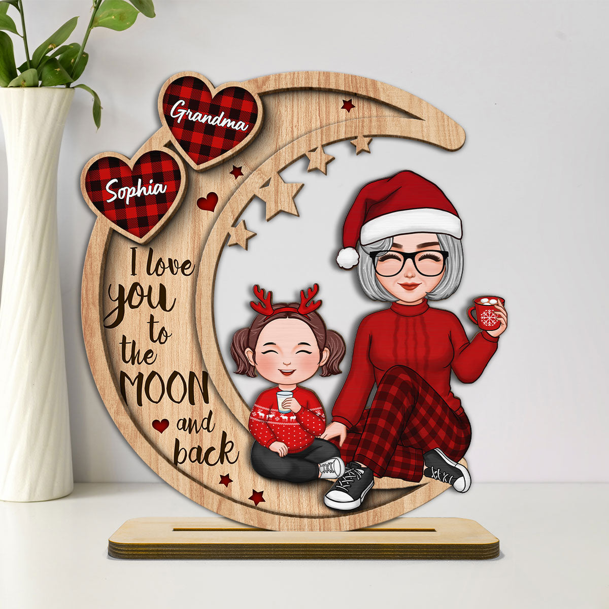 Checkered Pattern Heart Cute Grandma Grandkids Sitting On Moon Christmas Personalized 2-Layer Standing Wooden Plaque