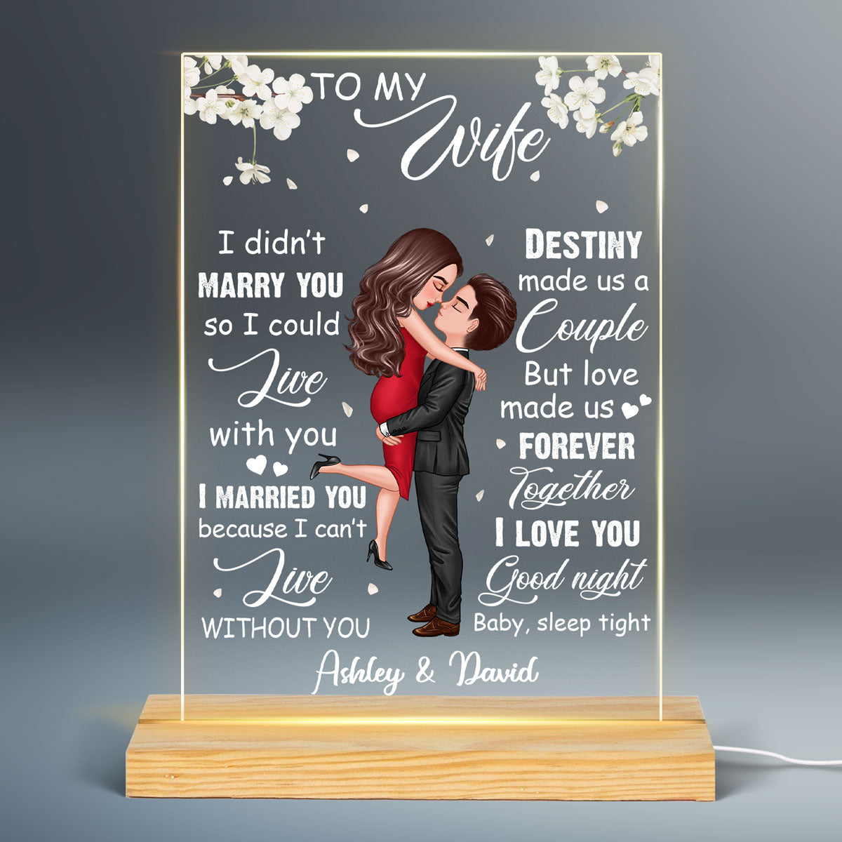 To My Wife Flower Hugging Couple Personalized Rectangle Acrylic LED Lamp Night Light