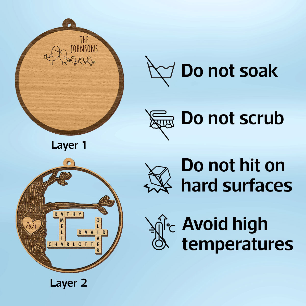 Family Tree Crossword Puzzle Art, Personalized 2-Layered Wooden Ornament
