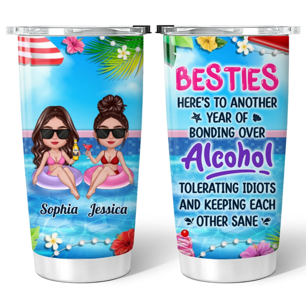 Summer Doll Besties In Pool Here‘s To Another Year Of Bonding Over Alcohol Personalized Tumbler