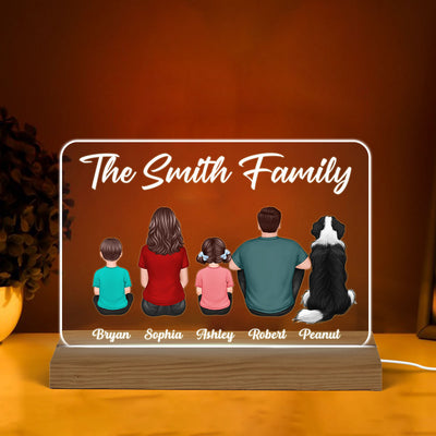 Whole Back View Family Couple Dad Mom Kids Dogs Cats Sitting Personalized Warm Custom Shape Acrylic Plaque LED Night Light