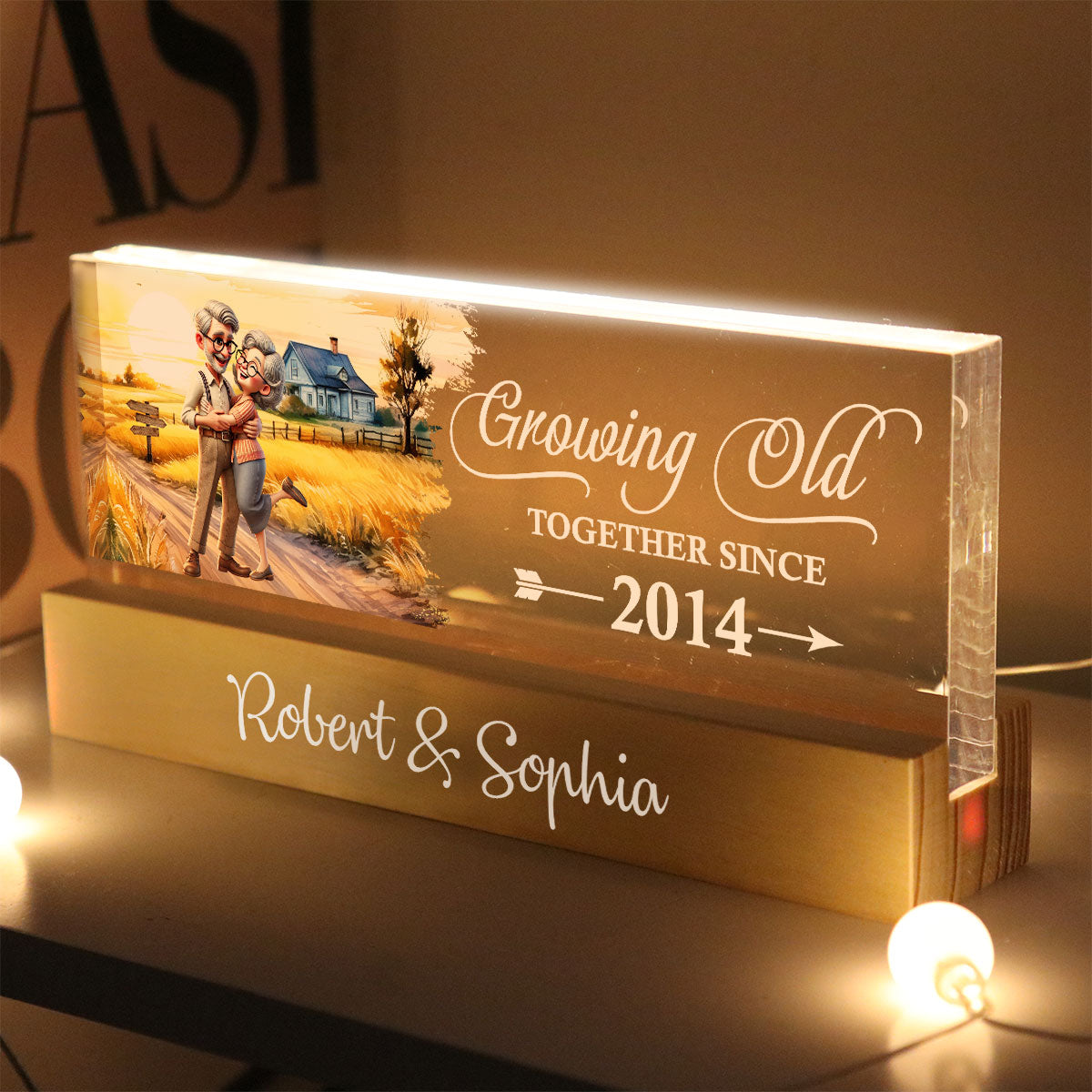 Happy Old Couple Vintage Farmhouse Personalized Acrylic Block LED Night Light, Anniversary  For Him, For Her, Husband, Wife