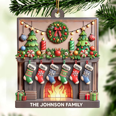 3D Family Christmas Stockings On Festive Mantel Personalized Acrylic Ornament