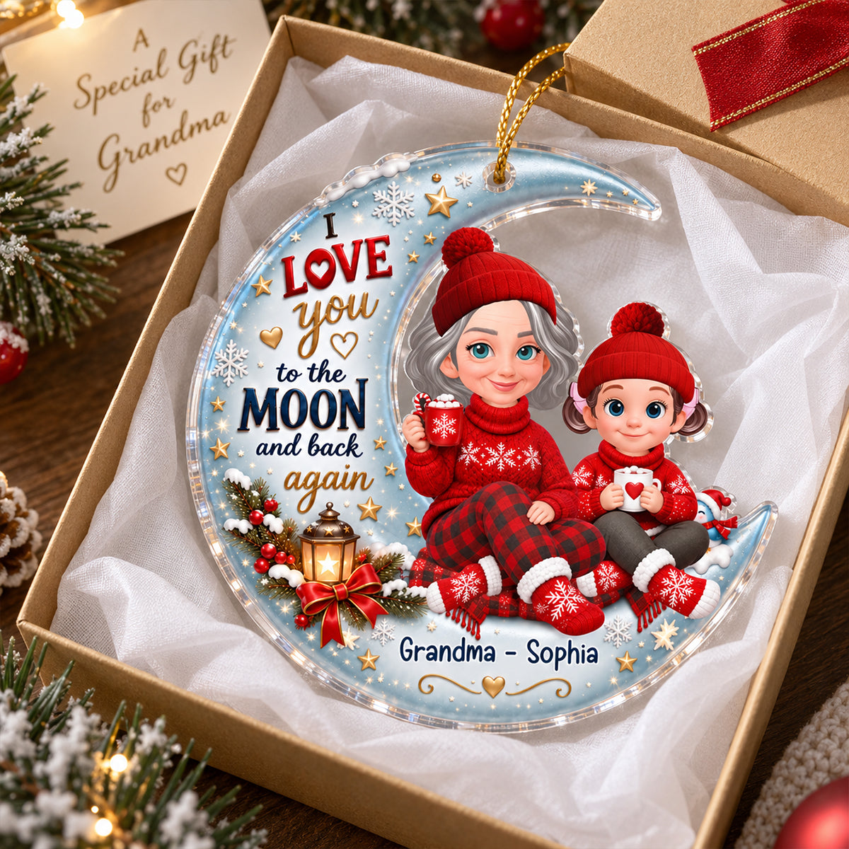 Cute Grandma Grandkids Sitting on Moon - Personalized Acrylic Ornament - Christmas Gift for Grandkids, Grandma