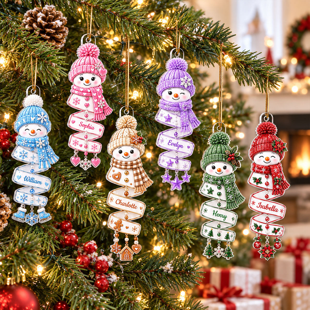 Christmas Snowman Spiral Style Custom Kids Names, Family Member Names - Personalized Acrylic Ornament - Christmas Gift For Kids, Family