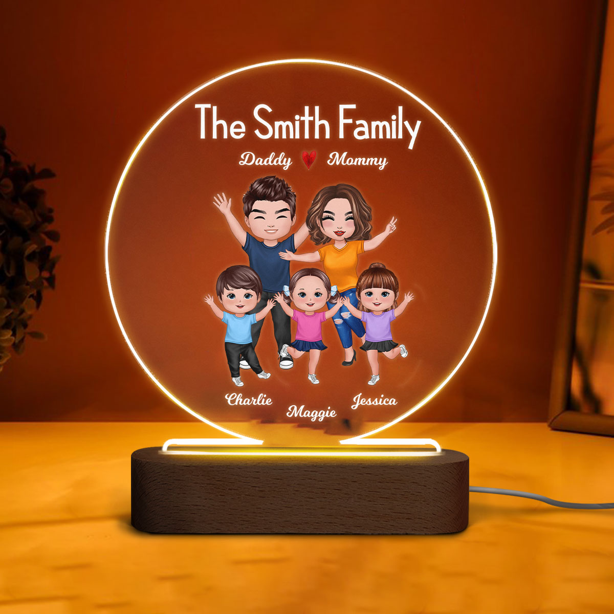 Happy Whole Family Doll Couple Dad Mom Kids Dogs Cats Personalized Circle Acrylic Plaque LED Night Light