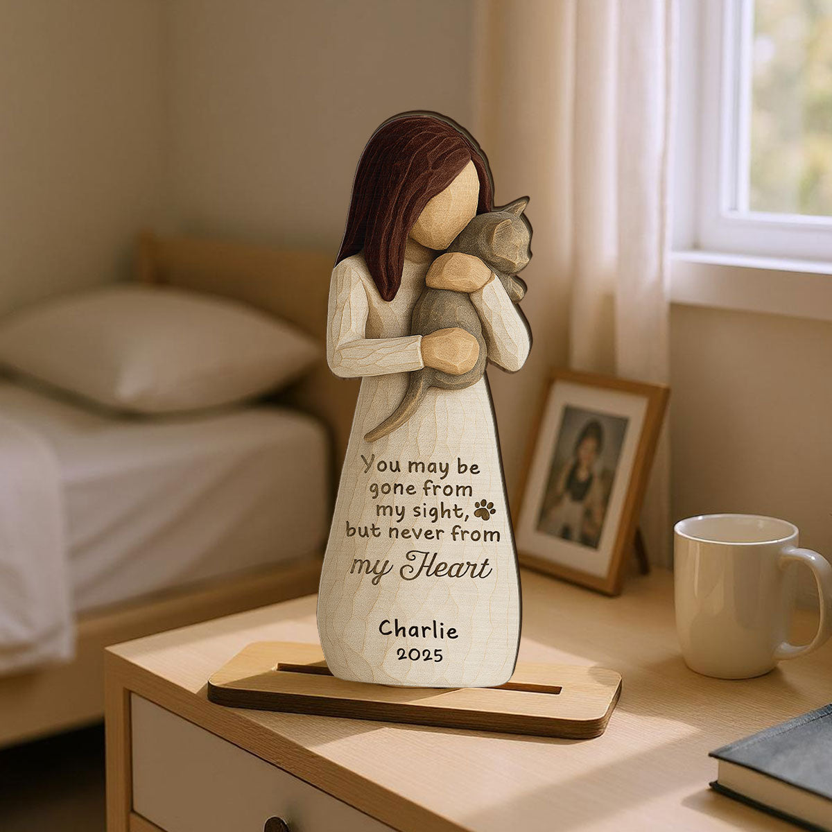 Until We Meet At Rainbow Bridge Woman & Cat 3D Effect Personalized Standing Wooden Plaque, Memorial Sympathy Gift