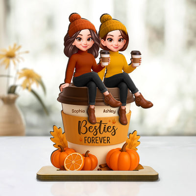 Fall Season Besties Sitting On Pumpkin Spice Latte - Personalized 2-Layered Wooden Plaque