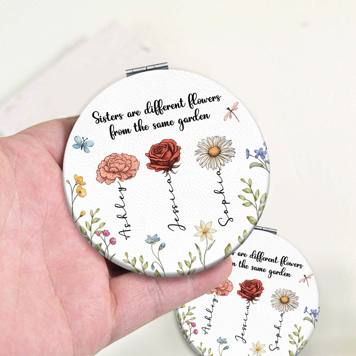 Sisters Are Different Flowers From The Same Garden Personalized Compact Mirror, Birthday, Christmas Gift For Sisters, Siblings, Besties