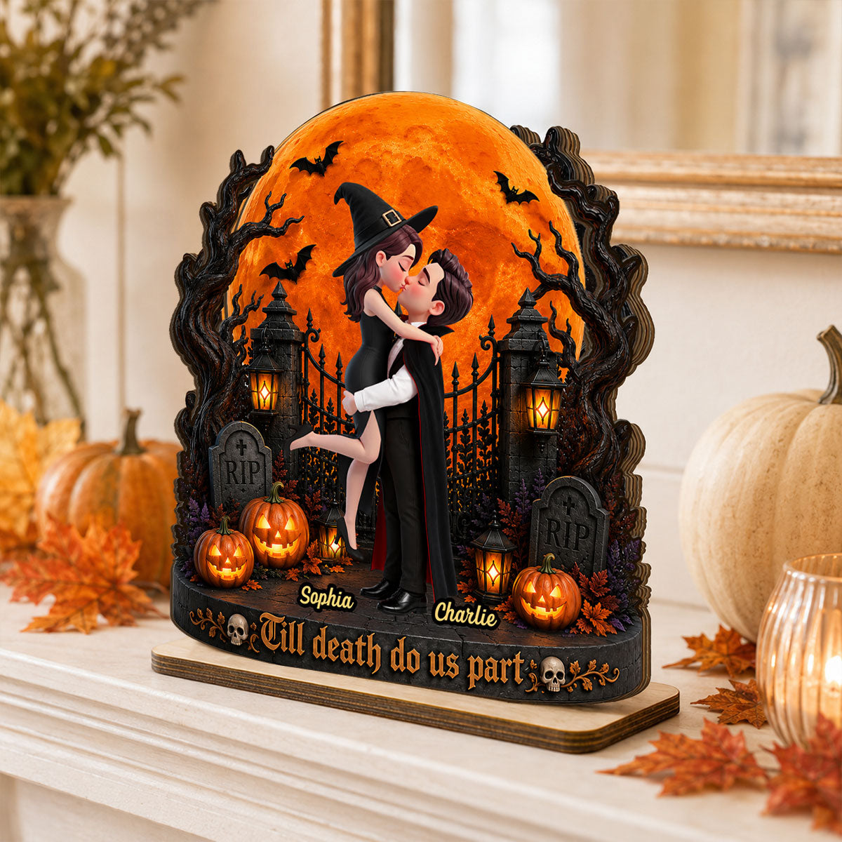 Eternal Love Couple Under Halloween Moon Light - Personalized 2-Layered Wooden Plaque - Halloween Gift For Couple